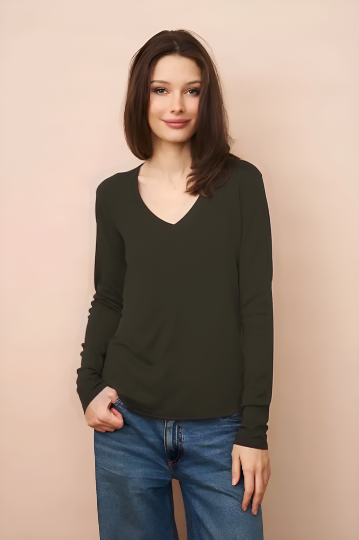 V Neck Long Sleeve Cashmere Shirt - Army