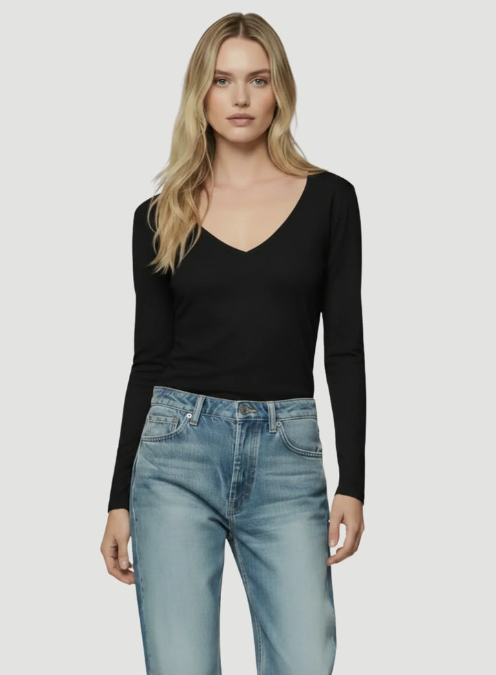 Lyocell Cotton Long Sleeve Semi Relaxed V-Neck T-Shirt