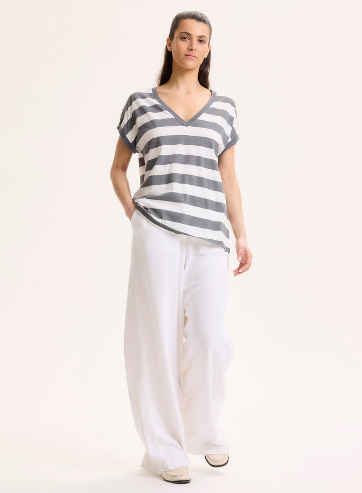V-Neck Striped T-Shirt - Grey