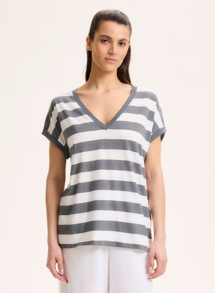 V-Neck Striped T-Shirt - Grey