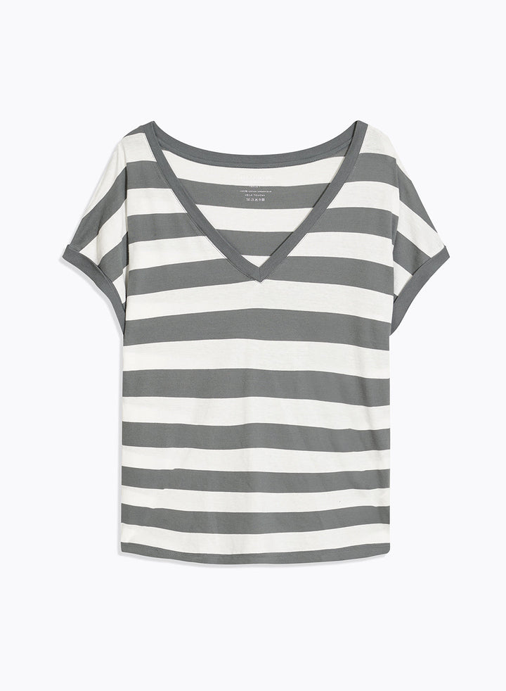 V-Neck Striped T-Shirt - Grey