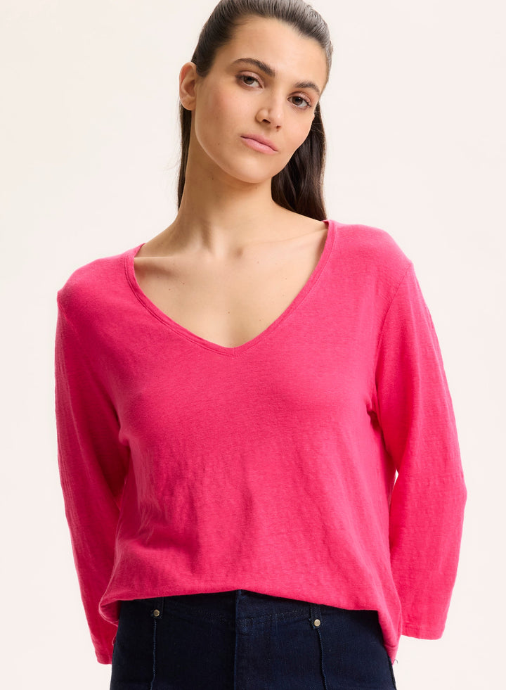3/4 Sleeves V-Neck Shirt - Berry