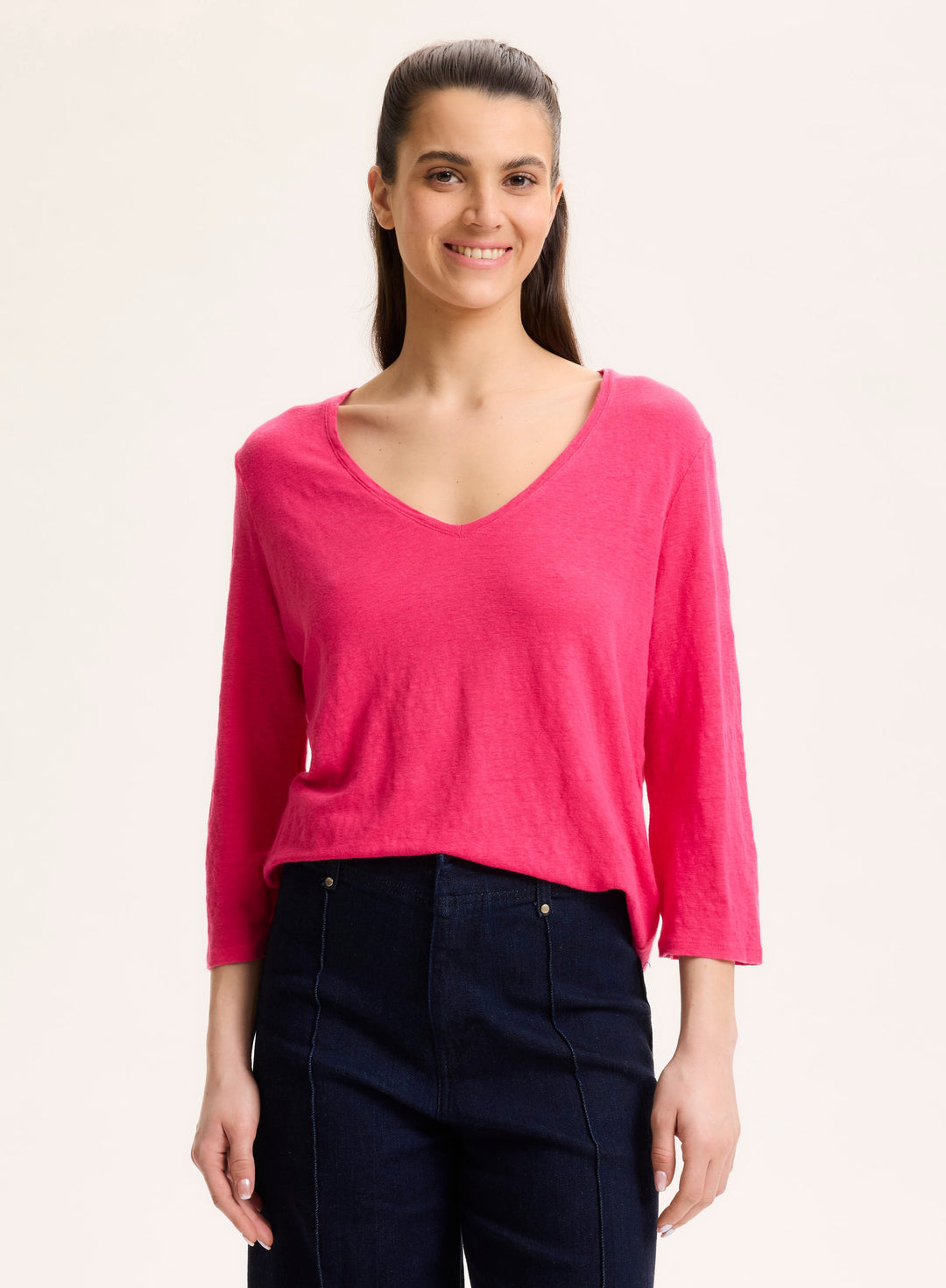 3/4 Sleeves V-Neck Shirt - Berry