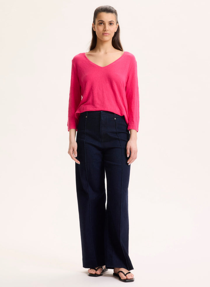 3/4 Sleeves V-Neck Shirt - Berry