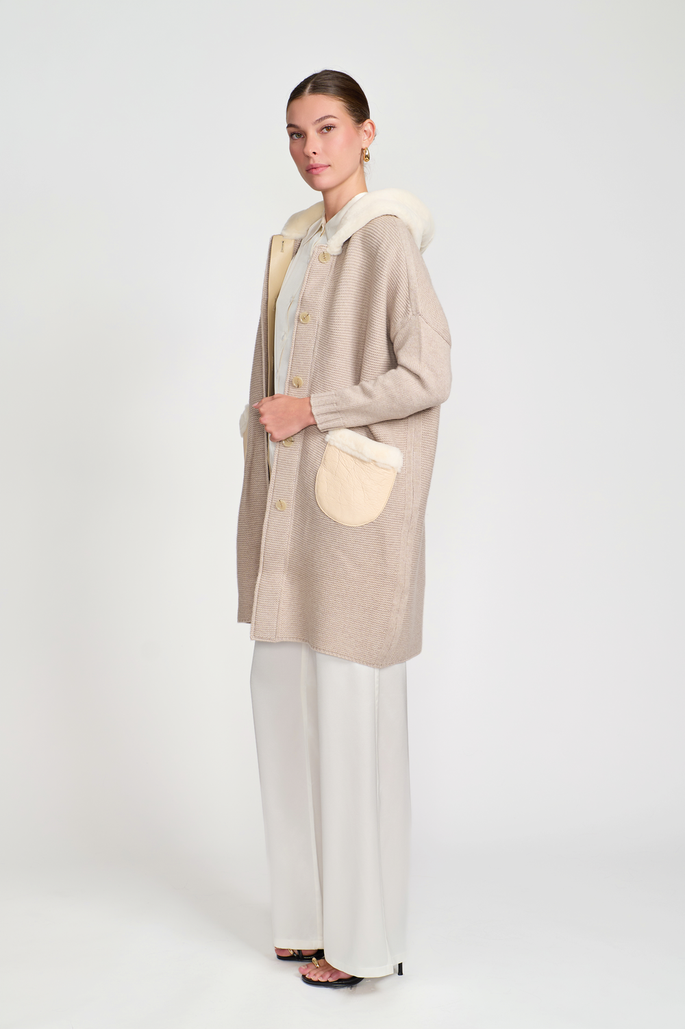 Cashmere Cardigan with Shearling Hood Cream