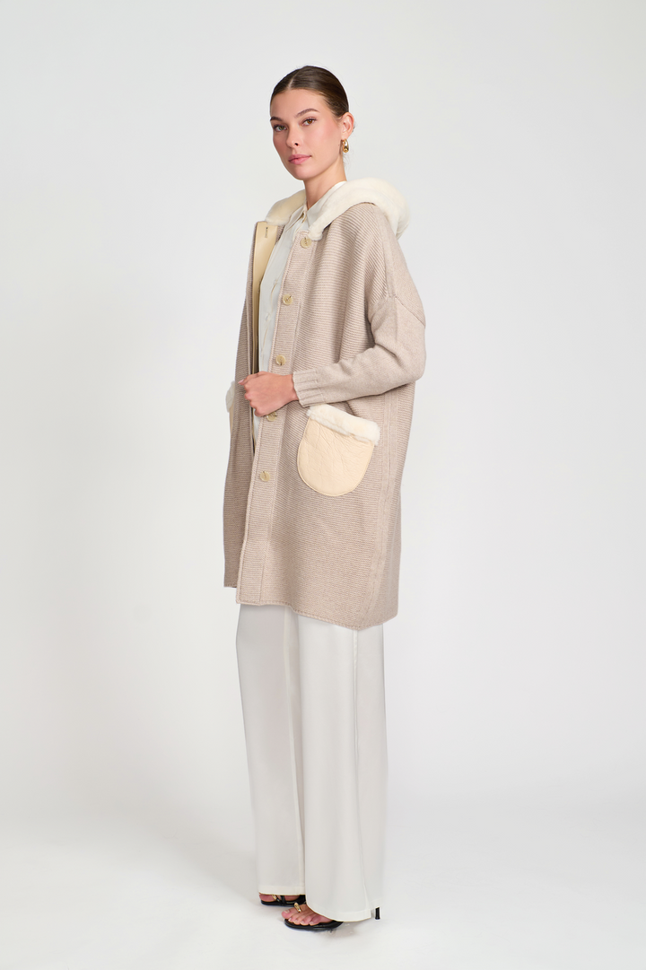 Cashmere Cardigan with Shearling Hood Cream