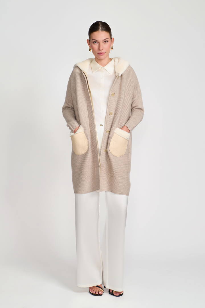 Cashmere Cardigan with Shearling Hood Cream
