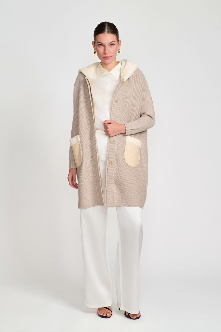 Cashmere Cardigan with Shearling Hood Cream