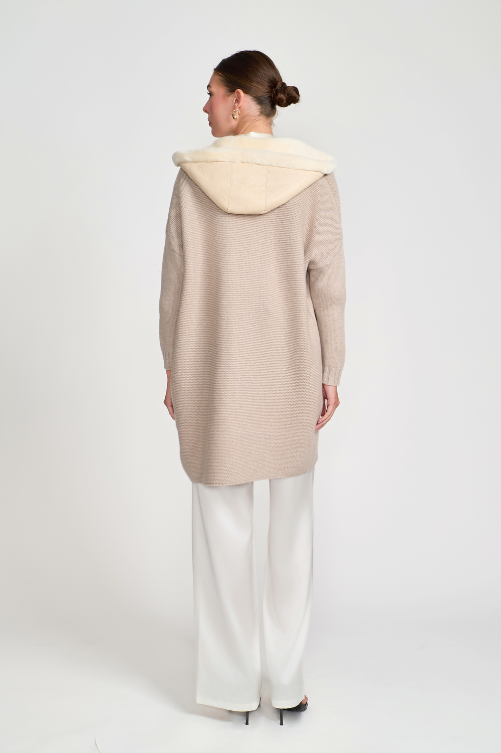 Cashmere Cardigan with Shearling Hood Cream