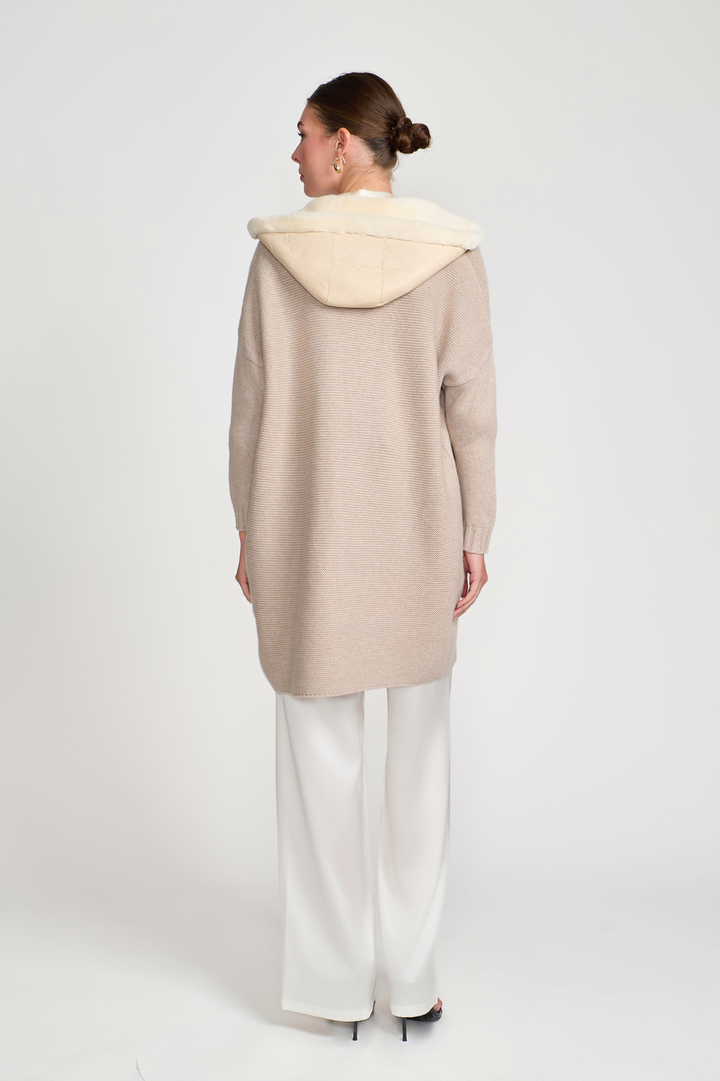 Cashmere Cardigan with Shearling Hood Cream