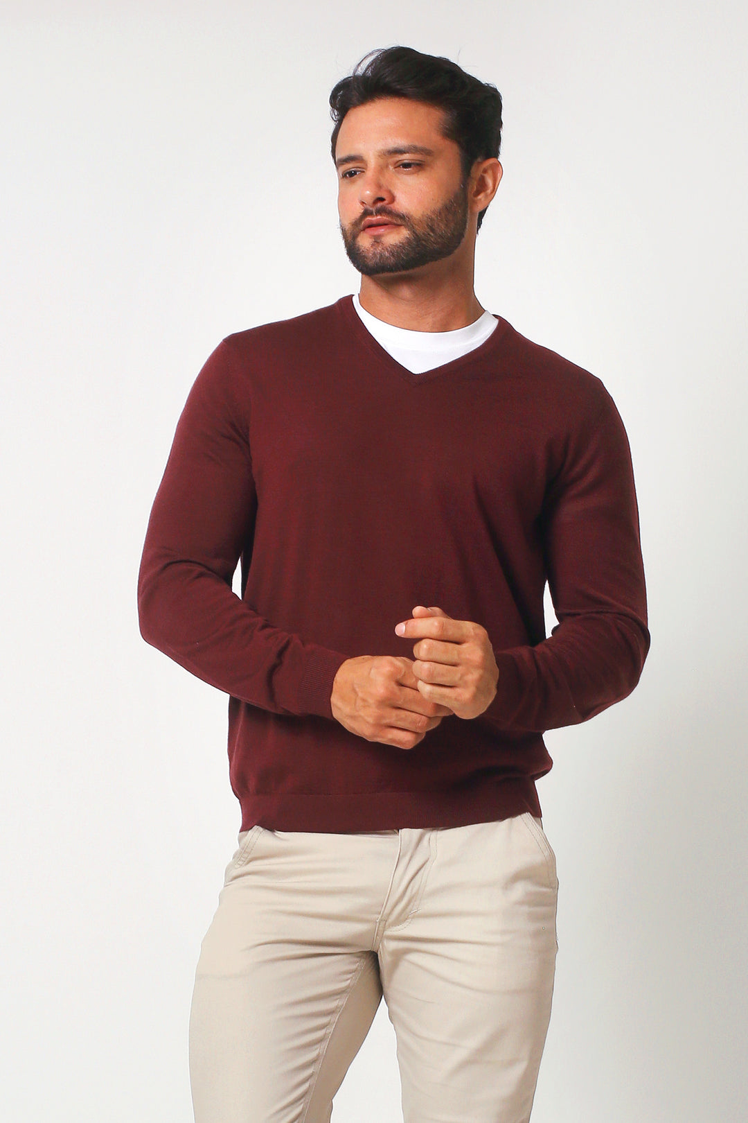 Merino Wool V-Neck Sweater - Burgundy