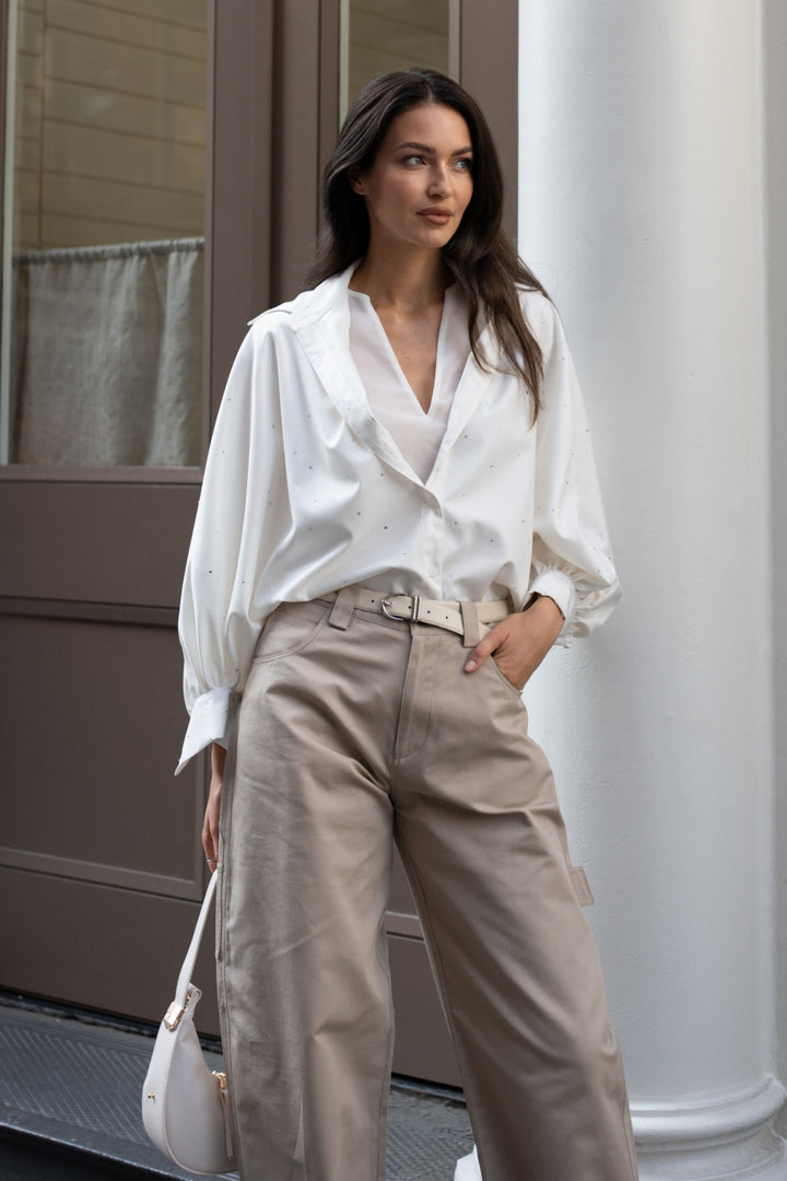 Oxford Blouse with Blouson Sleeve in White Rhinestone