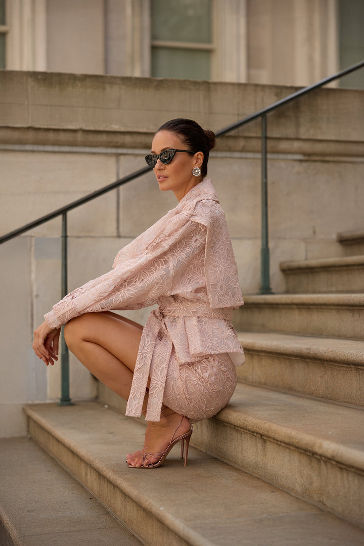 Short Floral Lace Trench Jacket in Blush Lace