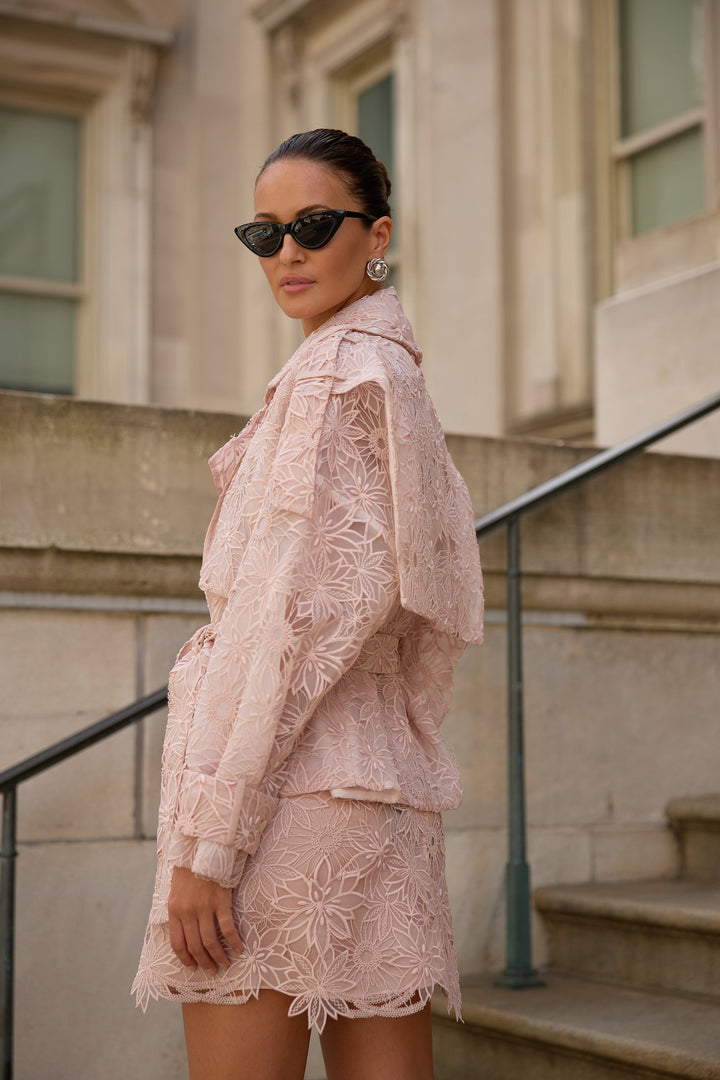 Short Floral Lace Trench Jacket in Blush Lace