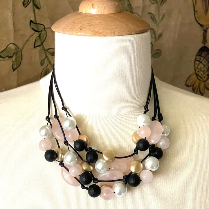 Rose Quartz, White Pearl and Black Onyx Torsade