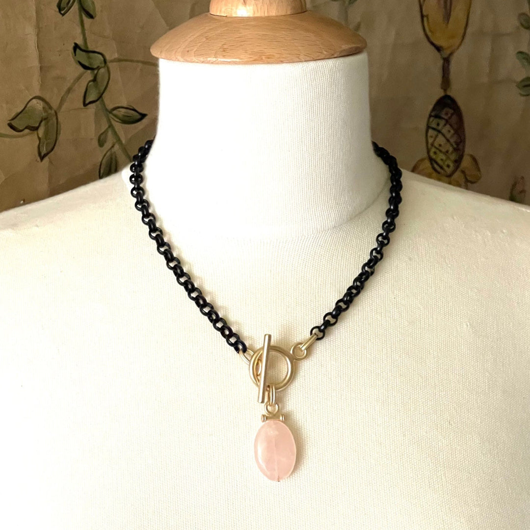 Rose Quartz Pendant on Matte Black Chain