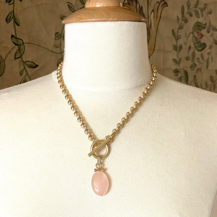 Rose Quartz Bar Pendant Matte Gold Chain Necklace