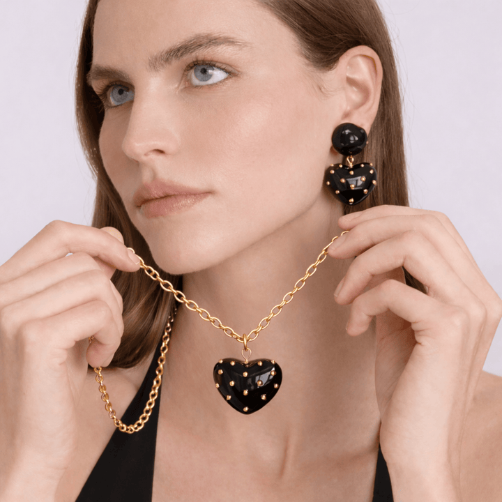 Lavinia Black Resin Studded Heart Drop Earrings