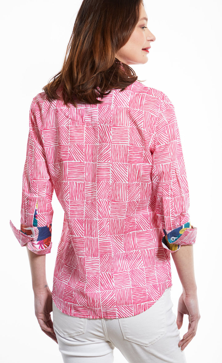 Rome Shirt 3/4 Sleeve in Fuschia with White Criss Cross Print