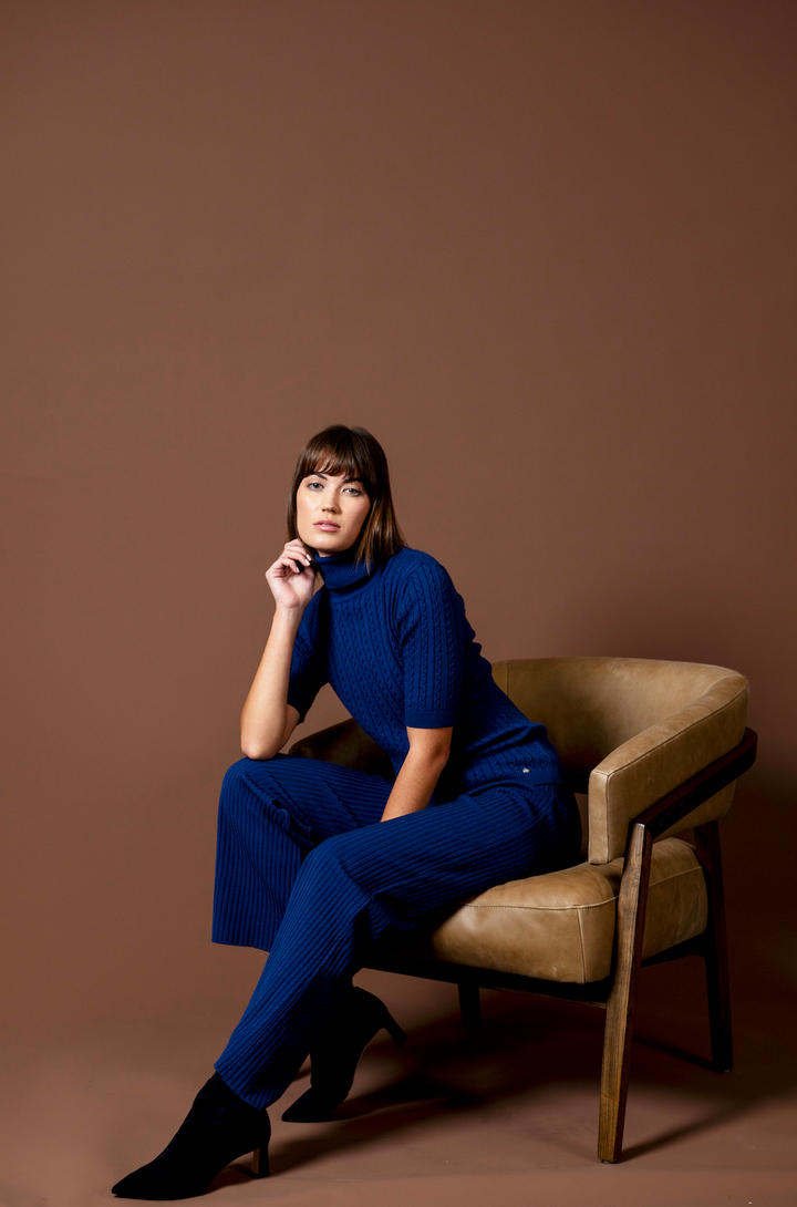 Sherri Short Sleeved Cable-Knit Turtleneck, Navy