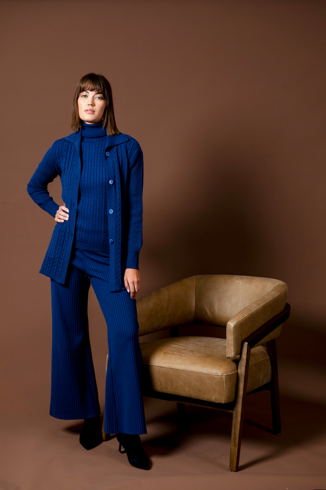 Sherri Short Sleeved Cable-Knit Turtleneck, Navy