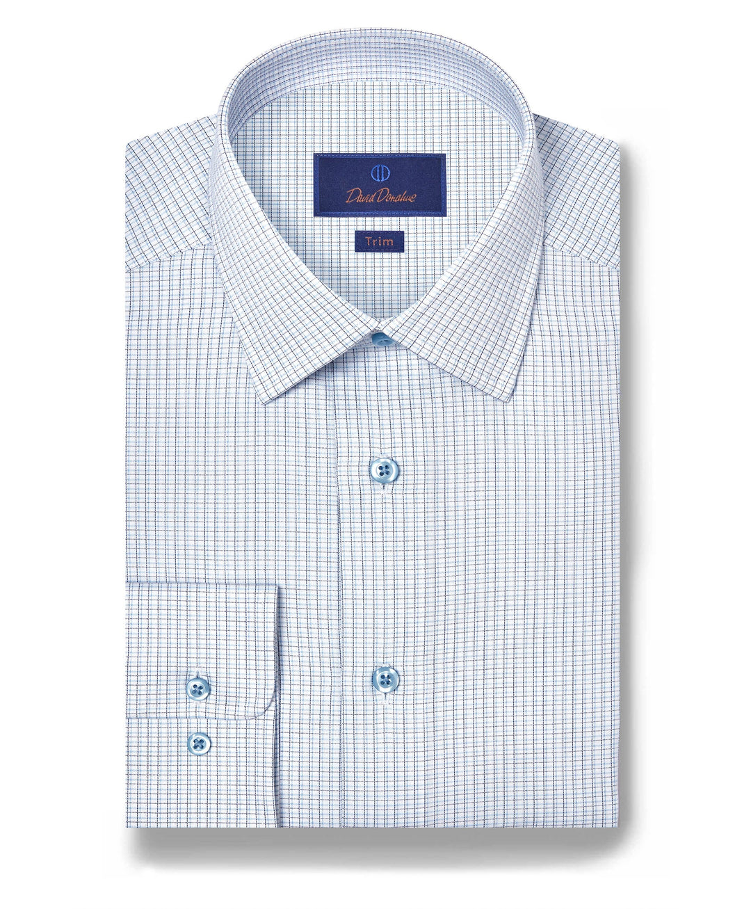 David Donahue white and blue dobby check dress shirt