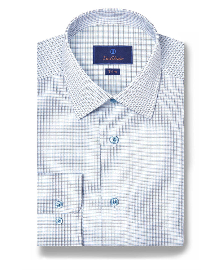 David Donahue white and blue dobby check dress shirt