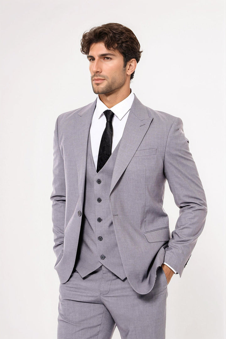 Grey Men's Plain Suit with Vest - Wessi