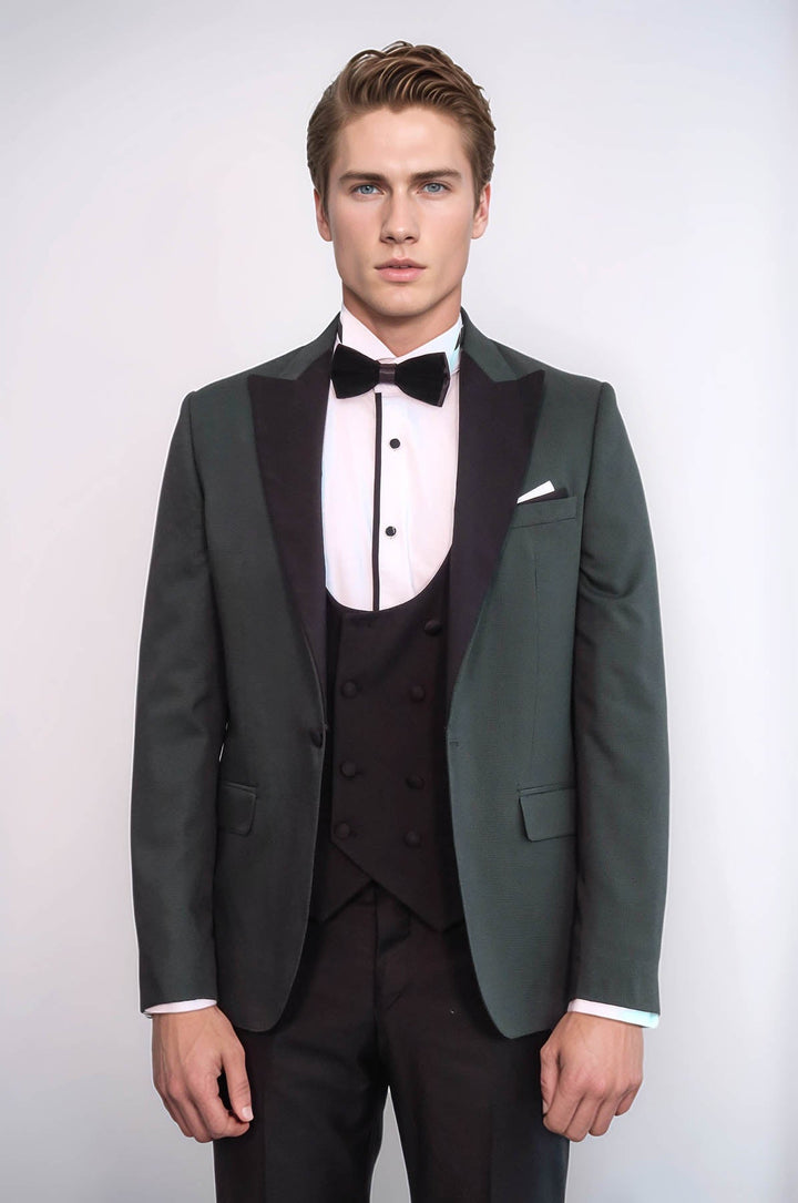 Dot Patterned Dark Green Men Tuxedo - Wessi