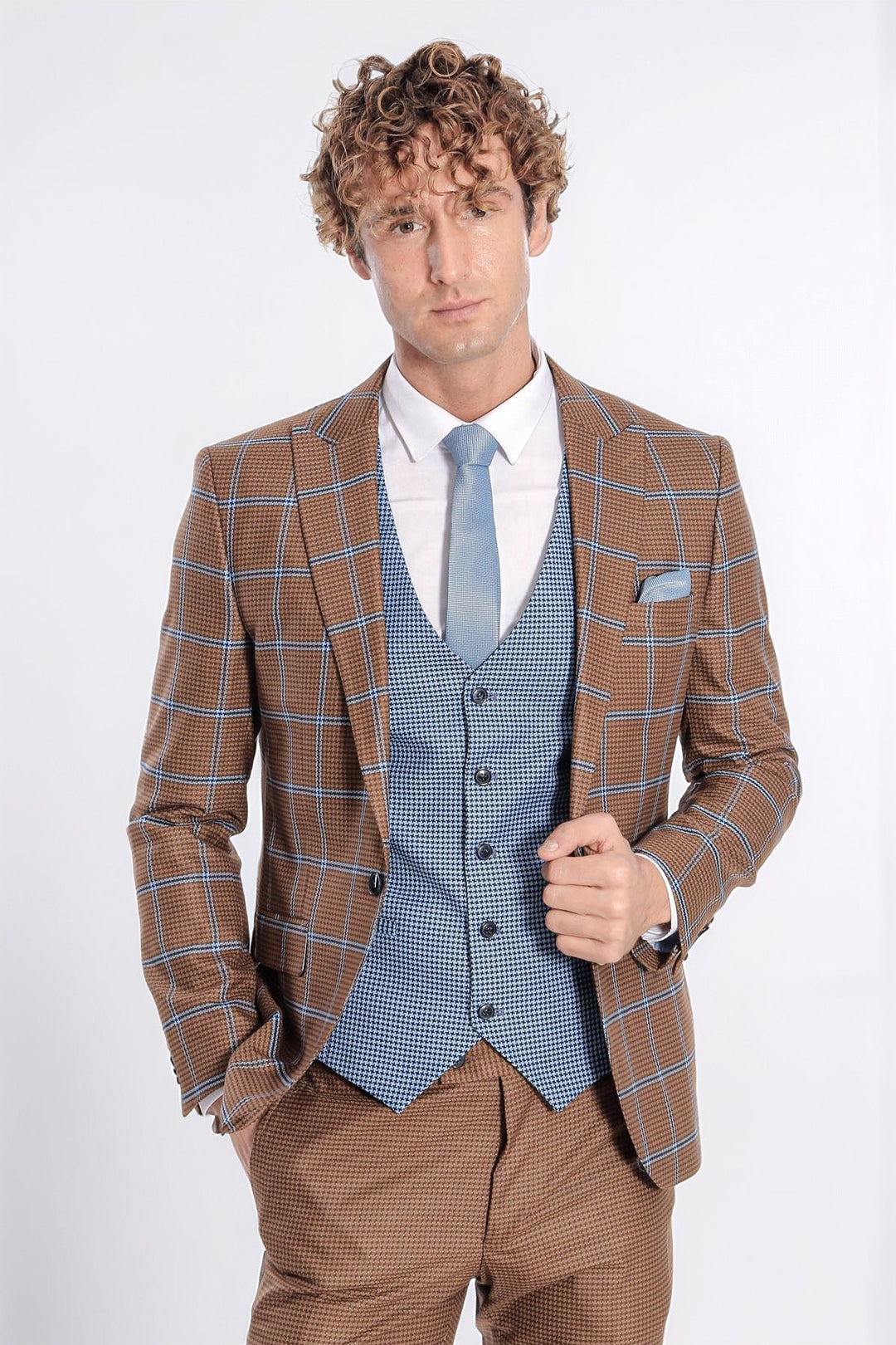 Checked Patterned Slim Fit Brown Men Suit - Wessi