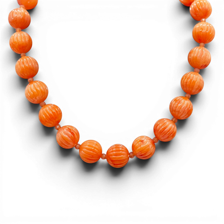 Vicenza Coral Resin Carved Sixteen Inch Melon Bead Necklace