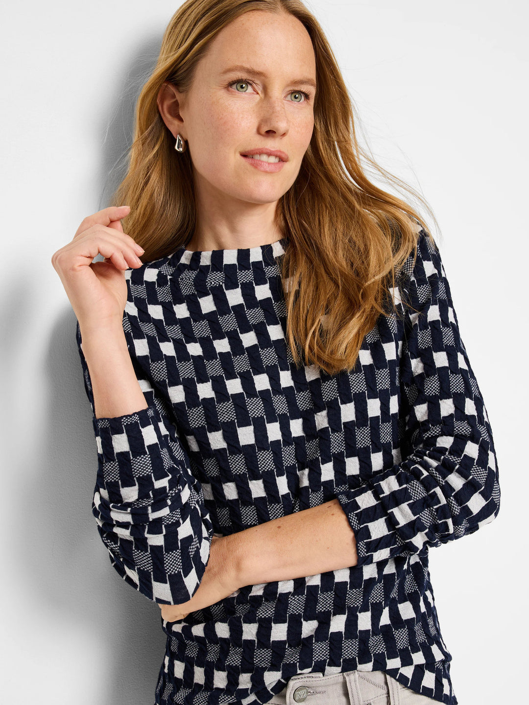 NIC+ZOE Mini Mock Geo Sweater Tee, Indigo Multi, styled