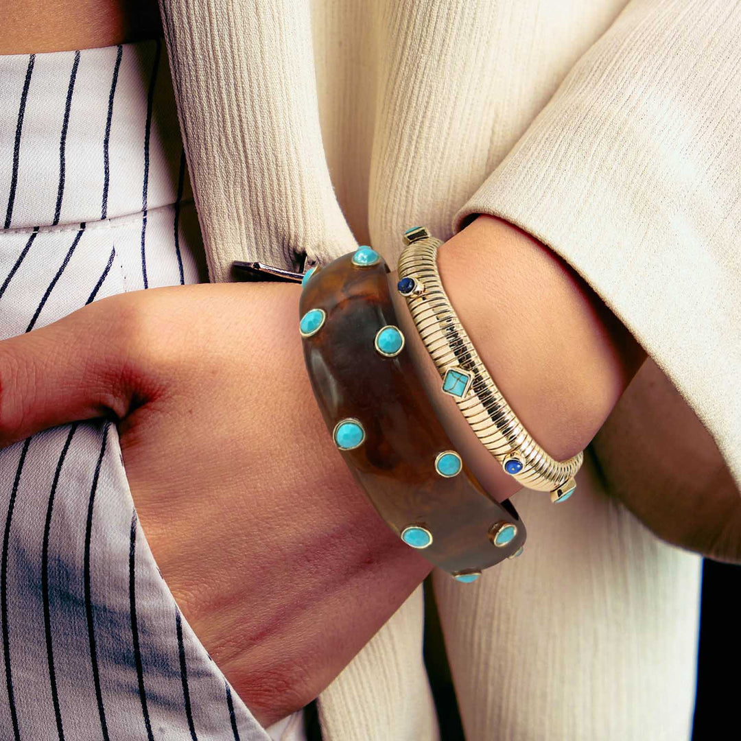 Seraphina Tortoise Resin Bangle With Turquoise Glass Stones In Gold-Plated Brass Settings
