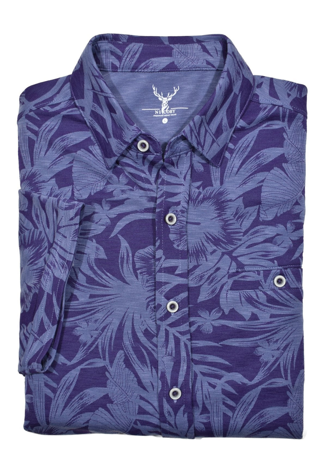 The unmistakable look and feel of polynosic microfiber in a tonal floral jacquard. Full button front short sleeved design with a self fabric collar and matched buttons. Add in an open cuffed sleeve and classic chest pocket. Classic shaped fit.