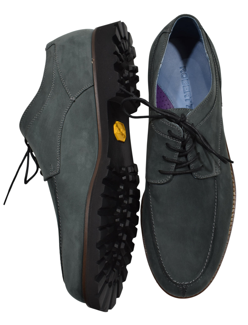 Slate suede lace up shoe.