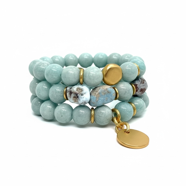 Amazonite Jade And Matte Gold Nugget Stretch Bracelet