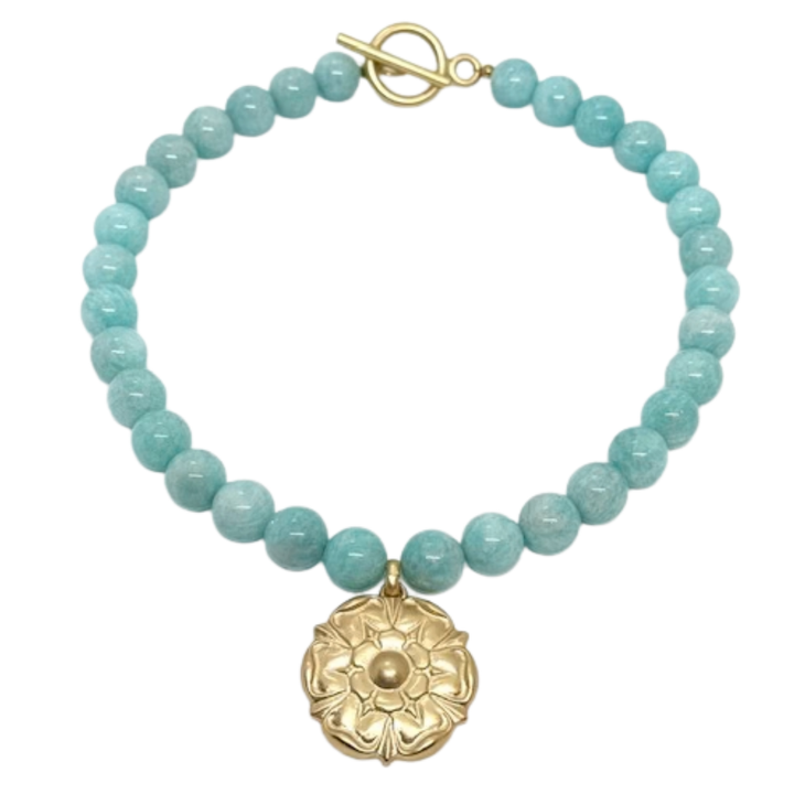 Matte Gold Flower Pendant on Amazonite