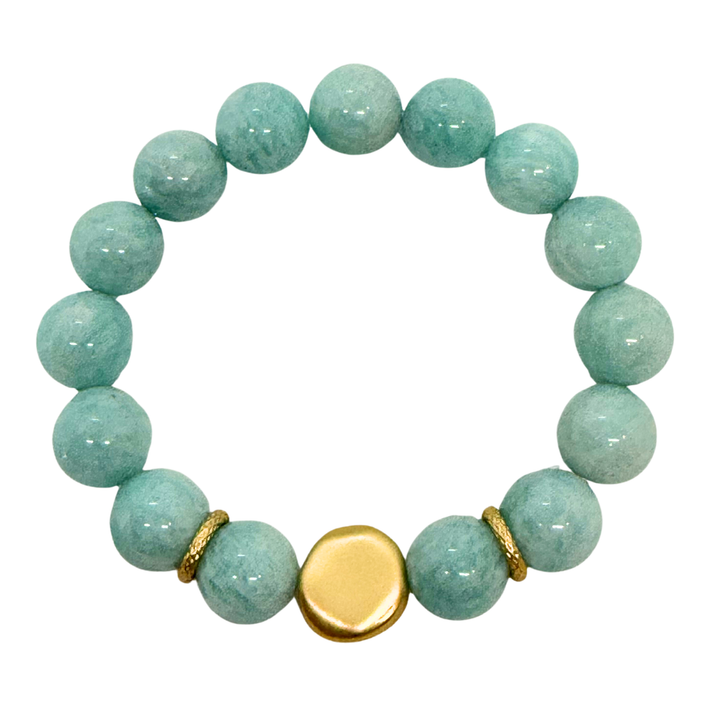Amazonite Jade And Matte Gold Nugget Stretch Bracelet