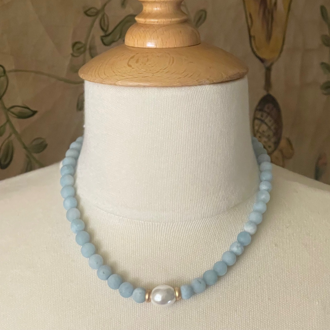 Matte Aquamarine With MOP Pearl Center and Matte Gold Accents Necklace