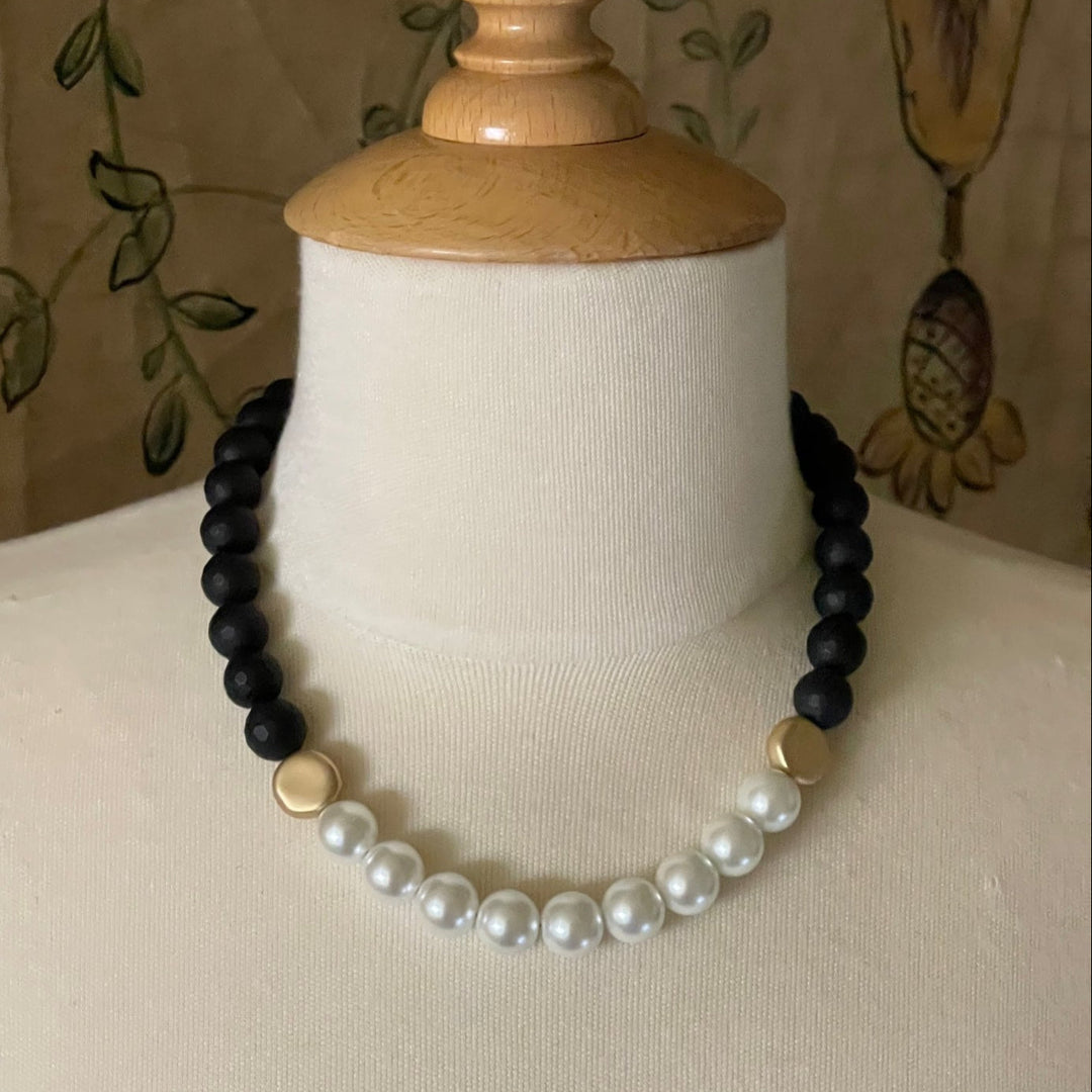 Black Onyx Necklace With Front Glass Pearl and Gold Bead Accents