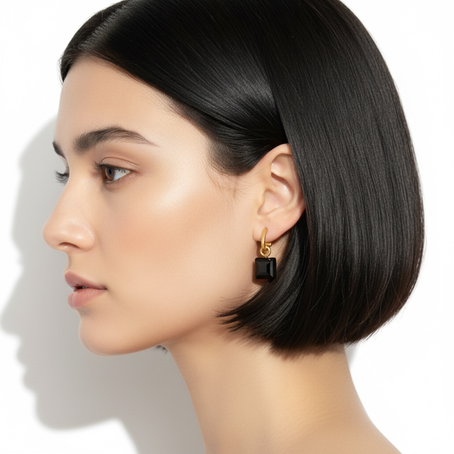 Matte Gold Paperclip and Black Square Crystal Charm Earrings
