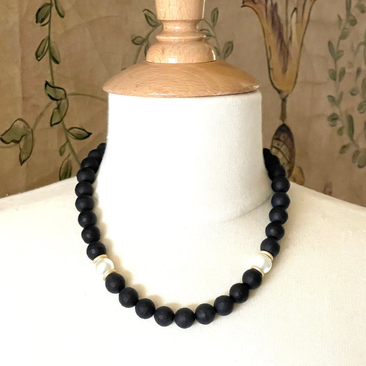 Black Onyx With Pearl Accents Beaded Necklace