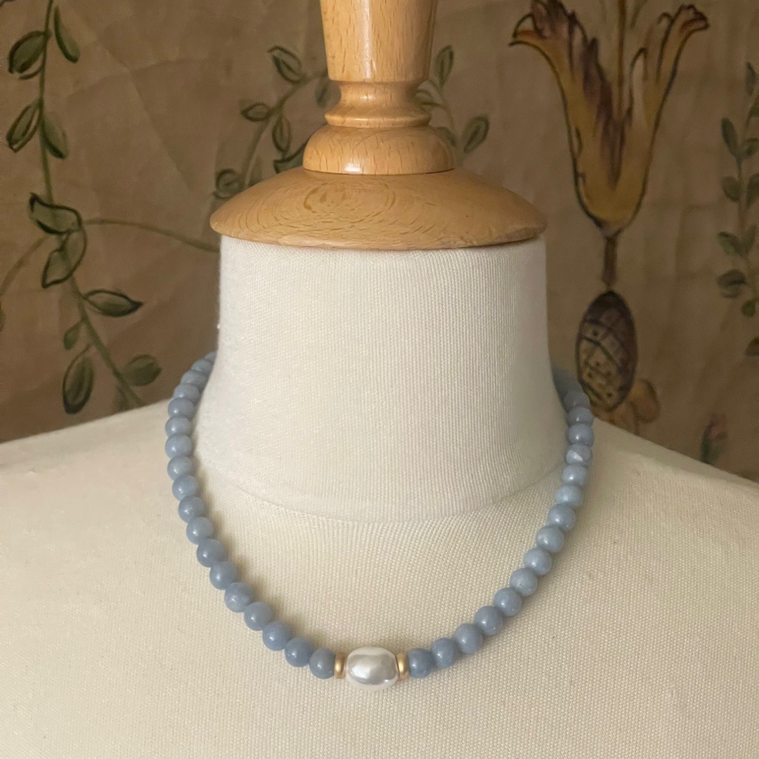 Blue Angelite With MOP Pearl and Matte Gold Accents Necklace