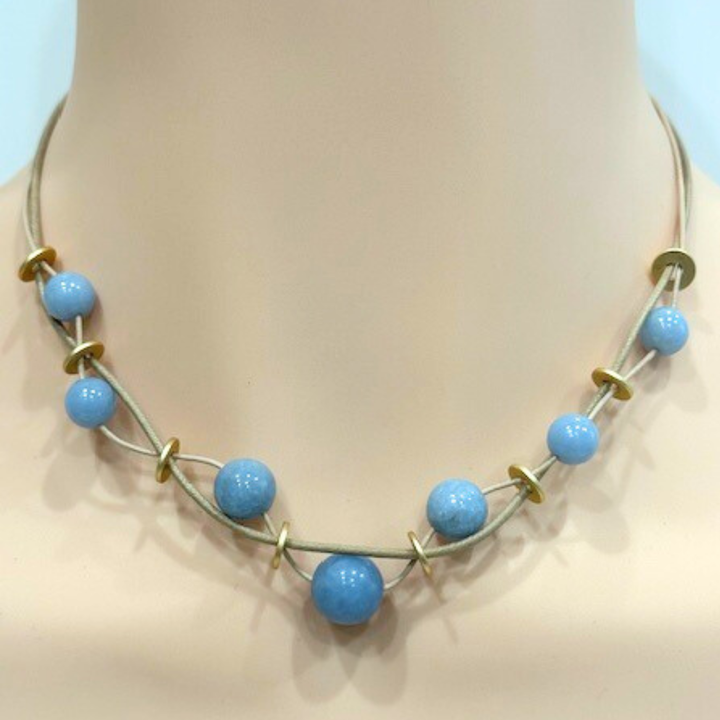 Blue Angelite and Matte Gold Disk Necklace