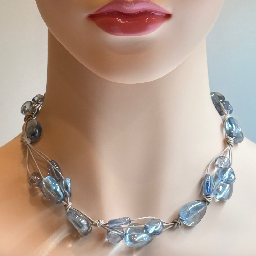 Blue Pressed Glass Woven Necklace