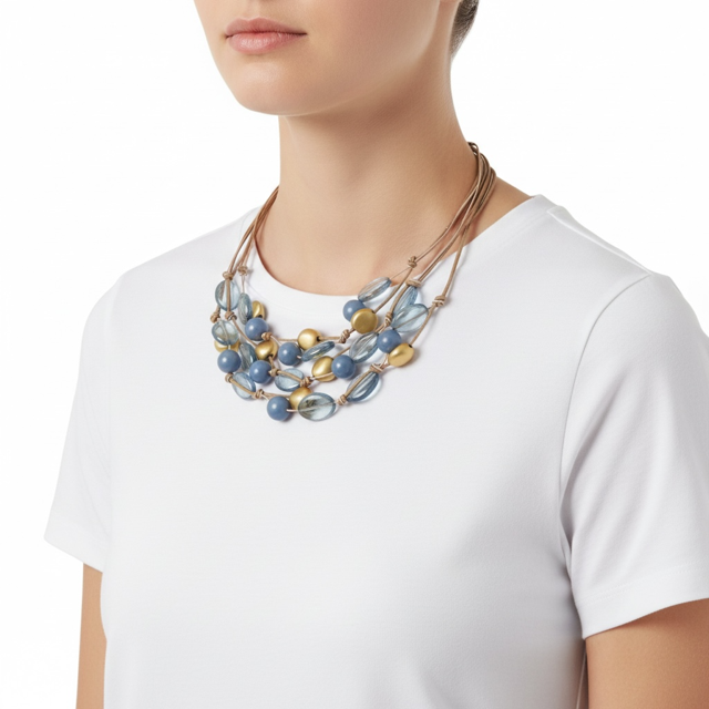 Blue Angelite, Blue Lumi Glass And Gold Nugget Torsade Necklace