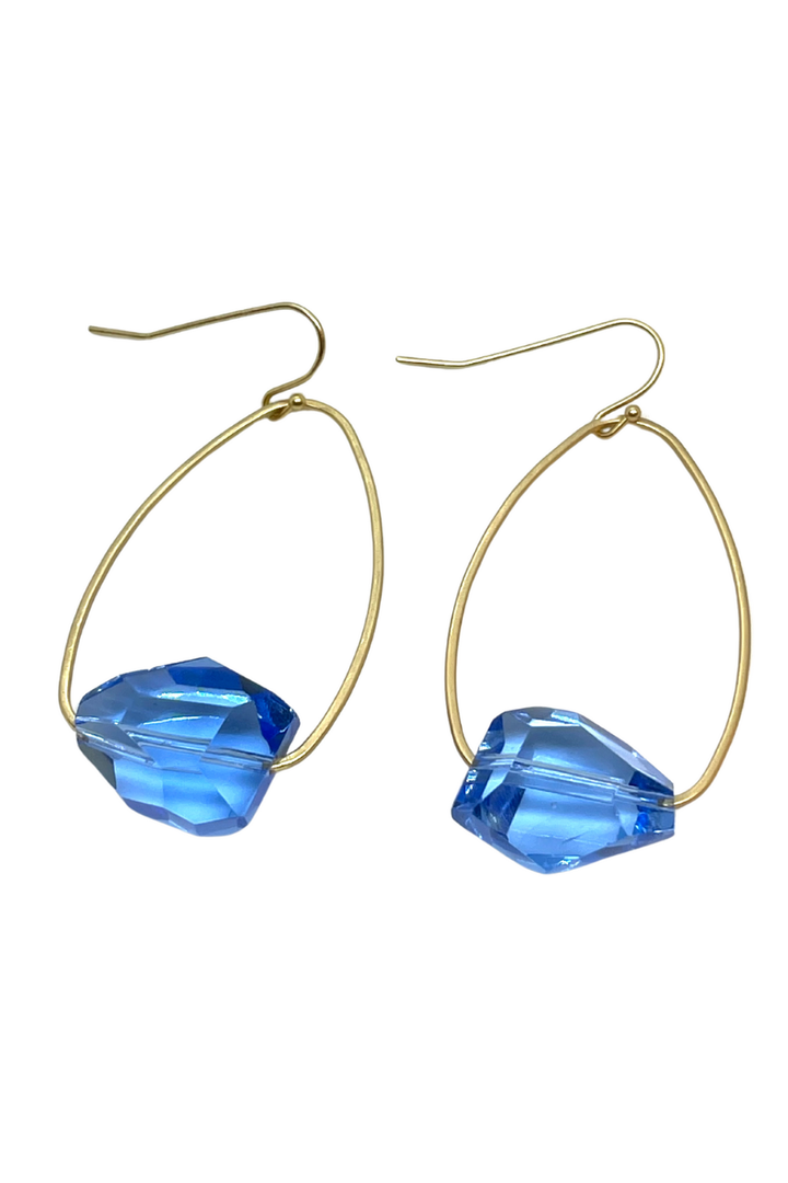 Blue Crystal Nugget In Matte Gold Inset Oval Earrings