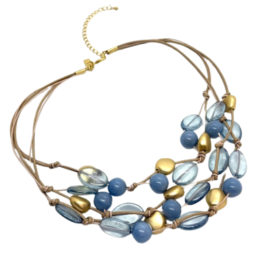 Blue Angelite, Blue Lumi Glass And Gold Nugget Torsade Necklace