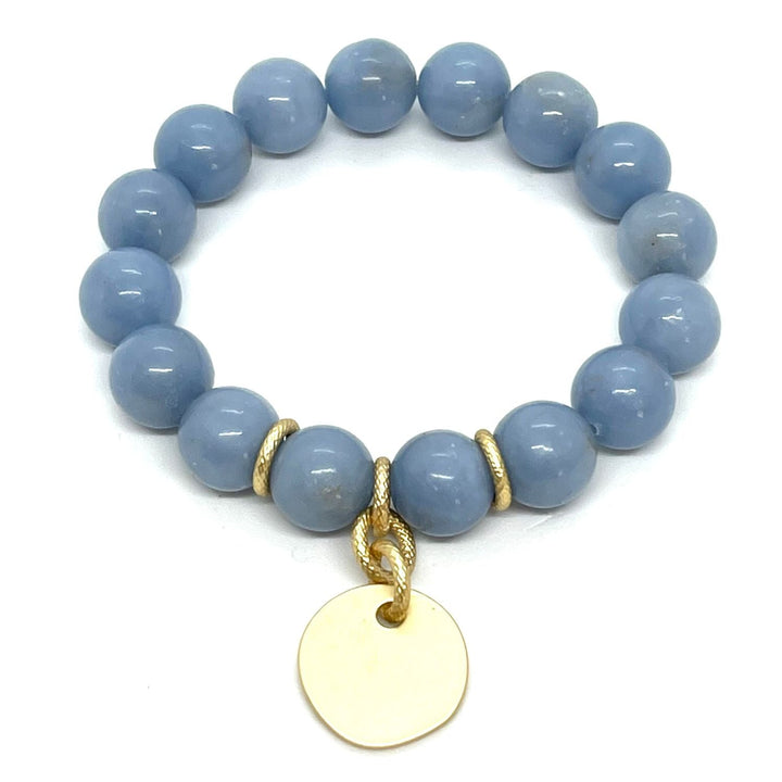 Blue Angelite Stretch Bracelet with Matte Gold Charm