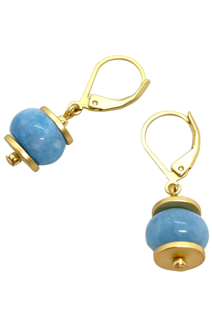 Blue Jade Rondelle With Matte Gold Saucers Earrings